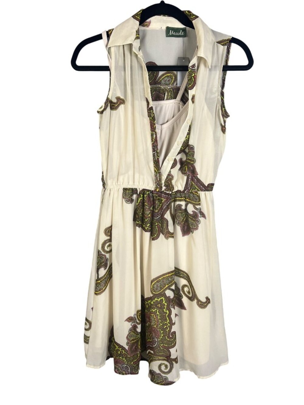Maude Sleeveless Paisley Print Sheer Shirt Dress With Liner S Polyester Made In